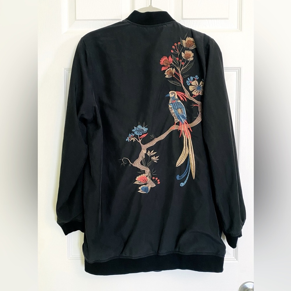 Embroidered Black Bomber Jacket with exotic bird Design